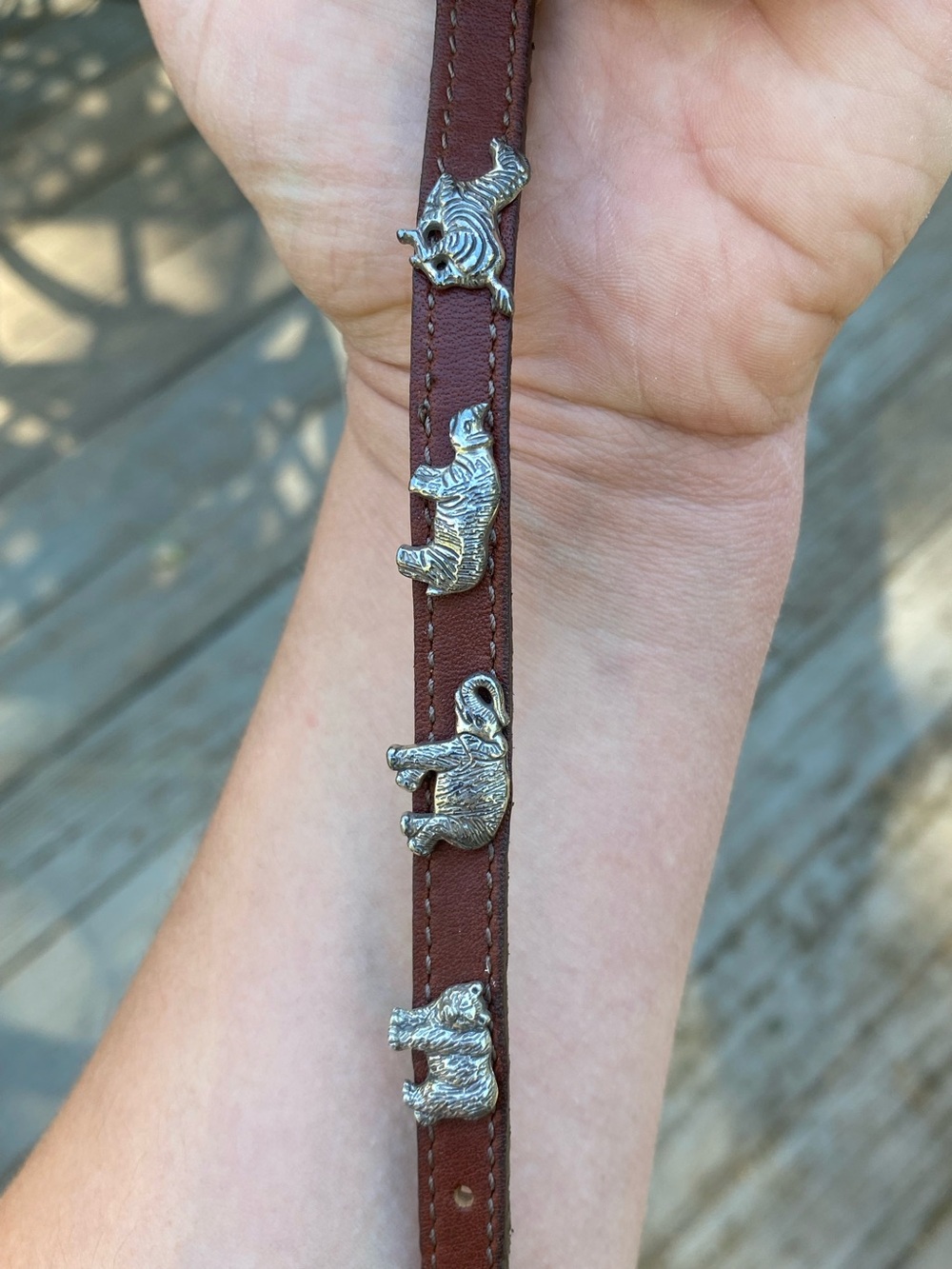 Brown Leather Belt Buckle Bracelet with Silver Animal Charms Rhino Zebra Bear - Picture 10 of 13